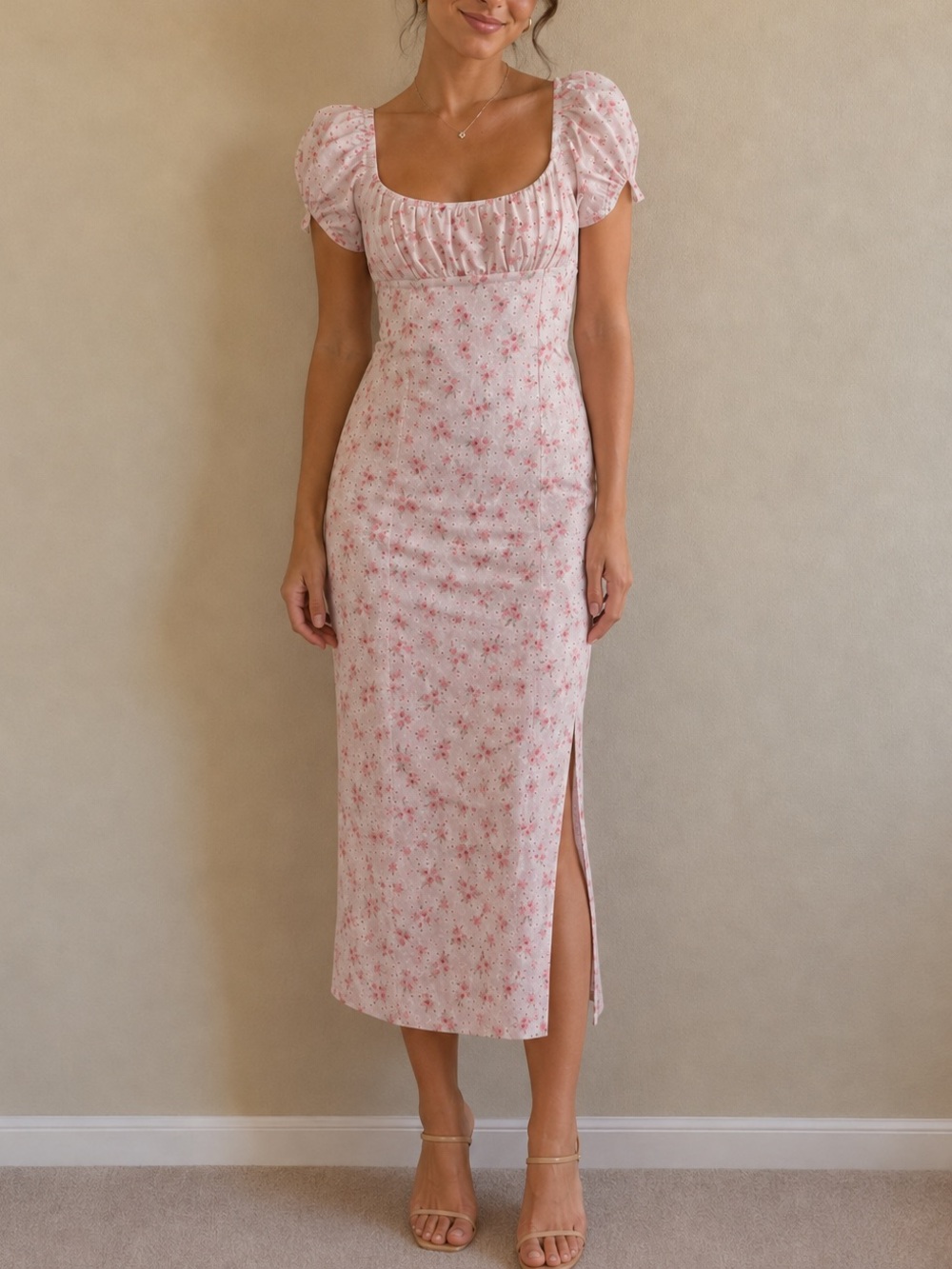Lush Pink Floral Square-Neck Midi Dress